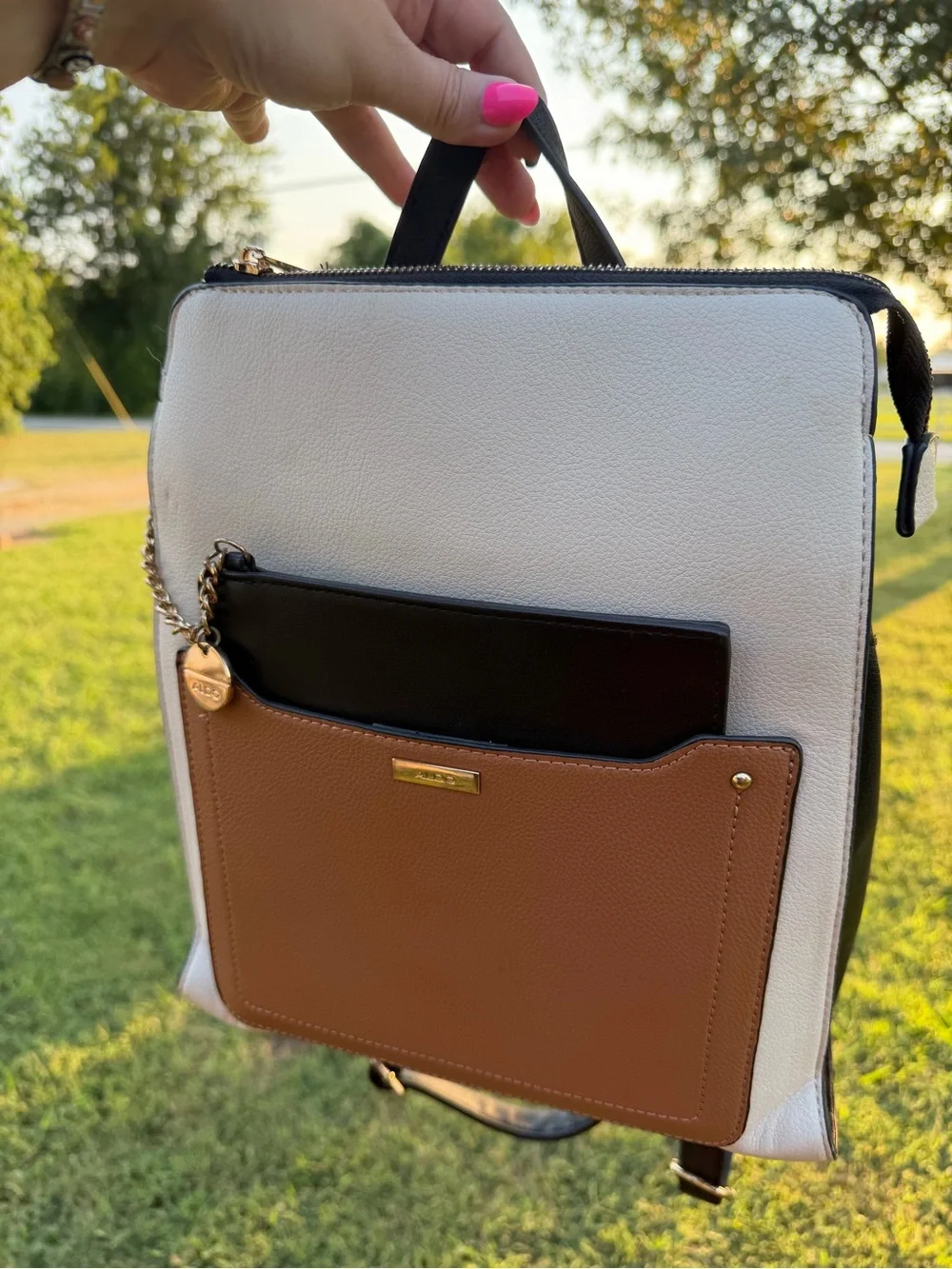 ALDO  Portwine White & Brown Leatherette Backpack with Front Pocket